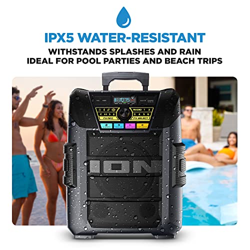 ION Block Rocker XL 220W Bluetooth Outdoor Speaker with Wheels | Water Resistant, Radio, Karaoke Mic, USB Charging, Stereo Linking, Bass Boost and App Control, for Parties and Outdoor Events - style: 220W water-resistant