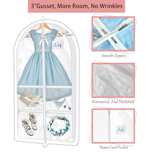 4 Pack 40" Clear Dance Garment Bags for Costumes Hanging, with 4 Medium Clear Zipper Pockets and 1 Large Back Zipper Pocket, Clothes Protector Cover for Travel Competition [Upgraded Version]