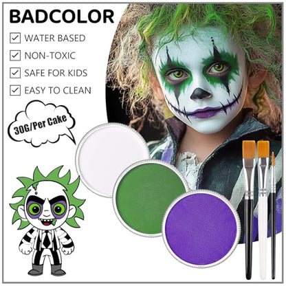 White Green Purple Face Body Paint, Face Painting Kit with Brushes for Beetlejuice & Frankenstein Halloween Makeup, Facepaints for Witch Ursula Maleficent Costume Cosplay & Monster Skeleton SFX Makeup - color: White+Light Green+Light Purple+3Pcs Brushes