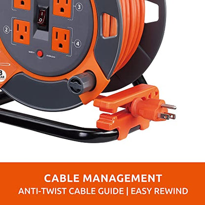 Link2Home 60 Ft. Extension Cord Reel, 4 Power Outlets, 14 AWG SJTW | Heavy-duty cable, high-visibility jacket, ideal for job sites and garages - size: 60 feet