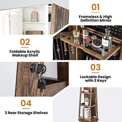 LOKO 360° Swivel Jewelry Cabinet, Lockable Jewelry Organizer (Rustic Brown) - color: Rustic Brown