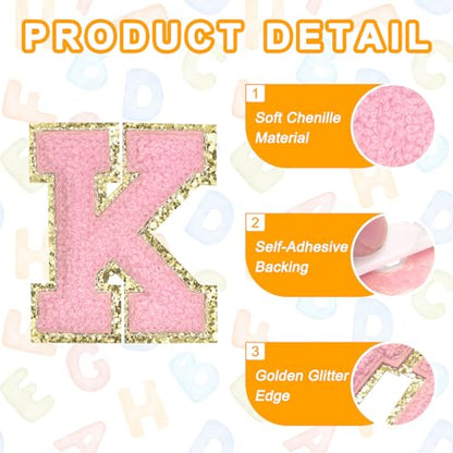 MECCANIXITY Chenille Letter Patches 2.2" Self Adhesive Alphabet K Stick on Embroidered Patch Sew on Letter Stickers Applique for Repairing Clothing Jeans Shoes Hats DIY(Pink, Pack of 6) - style: Letter-K