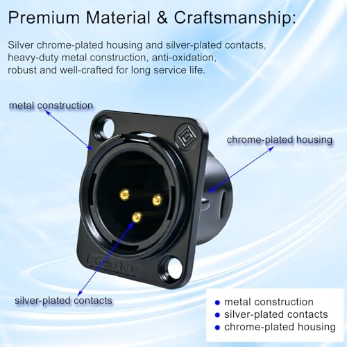 RIVIERA XLR Panel Mount Chassis 3pin Male Black Nickel-Plated Metal Housing and 24K Gold-Plated Contacts(25 Male Black) - color: Black, size: Male