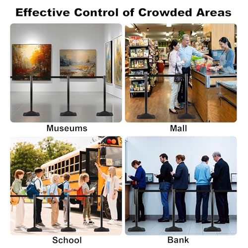8 Pack Stanchions with 10 ft Retractable Belts Crowd Control Barriers, Heavy-Duty Rectangle Base Stanchions for Queue Management in Airports, Theaters, Hotels, and Retail Stores(Black, 8 Pack) - color: Black