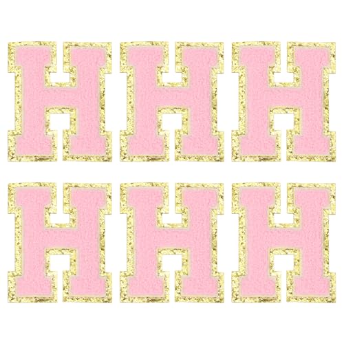 MECCANIXITY Chenille Letter Patches 3.1" Alphabet H Iron on Embroidered Patch Sew on Letter Stickers Applique for Repairing Clothing Jeans Shoes Hats DIY(Pink, Pack of 6) - style: Letter-H