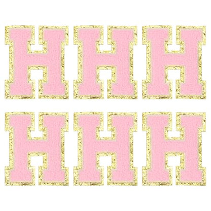 MECCANIXITY Chenille Letter Patches 3.1" Alphabet H Iron on Embroidered Patch Sew on Letter Stickers Applique for Repairing Clothing Jeans Shoes Hats DIY(Pink, Pack of 6) - style: Letter-H