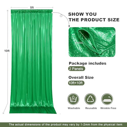 gogoparti 10x10FT Green Sequin Backdrop Curtain - 2 Panels of 5x10FT Wrinkle-Free Glitter Drapes for Photography, Birthdays, Weddings & Graduations - color: Green, size: 5FT x 10FT(2 panels)