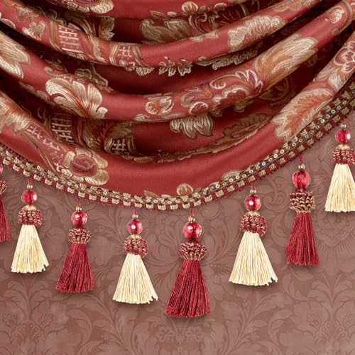 Leeva Waterfall Valance 39x45, Burgundy Damask Swag Curtains with Beaded Tassels, Rod Pocket Window Valance for Living Room Bedroom Kitchen - color: *Red, size: 39"W x 45"L (Pack of 1)