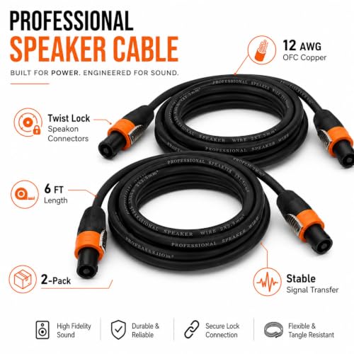 Speakon Cable 6ft 2 Pack — 12AWG OFC NL4FC Twist-Lock Speaker Wire for PA System, DJ Booth, Stage Monitor, Subwoofer, Bass Cabinet, Church & Touring Production