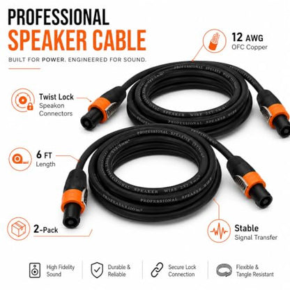 Speakon Cable 6ft 2 Pack — 12AWG OFC NL4FC Twist-Lock Speaker Wire for PA System, DJ Booth, Stage Monitor, Subwoofer, Bass Cabinet, Church & Touring Production