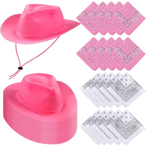 Hillban 48 Pack Cowboy Hats and Bandanas Set, Felt Plastic Cowgirl Hats for Women Men Cowboy Western Party Supplies(Pink, White) - color: Pink, White