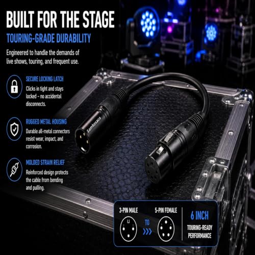 DMX 3 Pin to 5 Pin Adapter 2-Pack, 6-Inch XLR Signal Converter Male to Female DMX512 Turnaround Adapter, Zero Signal Loss for Stage Lighting, Moving Heads, LED Par, Church, Nightclub Lighting Rig