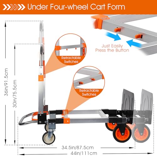 3 in 1 Folding Hand Truck Dolly Cart with Wheels Foldable Heavy Duty Moving Cart Aluminum Collapsible Hand Cart 600LBS Convertible Dolly for Moving Furniture Shopping Home Office Warehouse