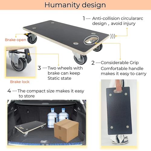 Furniture Dolly 4 Wheels, Furniture Movers, 2 Packs 2200 lb Load Capacity Heavy Duty Wood Dolly, Multifunctional Moving Dolly with 4 Soft Rubber Silent Wheels （2 with Brake+ 2 Without） - size: Rectangle Furniture Dolly with TPR Brake Wheels