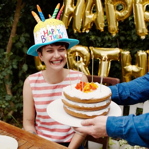 Cuffbow Happy Birthday Cake Hat for Adults Funny Birthday Hat with Candles Novelty Cake Hats for Party Headwear Unisex - color: Yellow and Blue