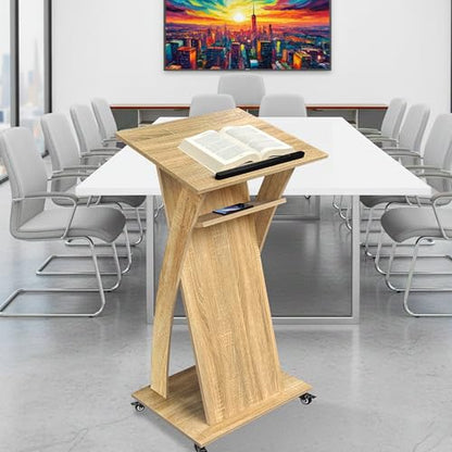 Wooden Podium Stand with Lockable Wheels, Mobile Lectern Pulpit with Storage Shelf for Church, Classroom, Office, and Conference Room - color: Natural Oak