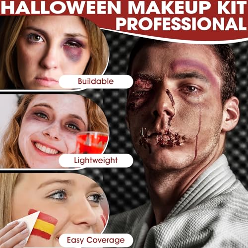 6 Colors Halloween Face Body Paint + 6pc Sponge + 3pc Brush, Yellow Purple Red Green Bruise Wheel for SFX Makeup, Face-Paint Body Paint Halloween Makeup Kit for Zombie Clown Joker Alien Witch Costume - color: Set 03