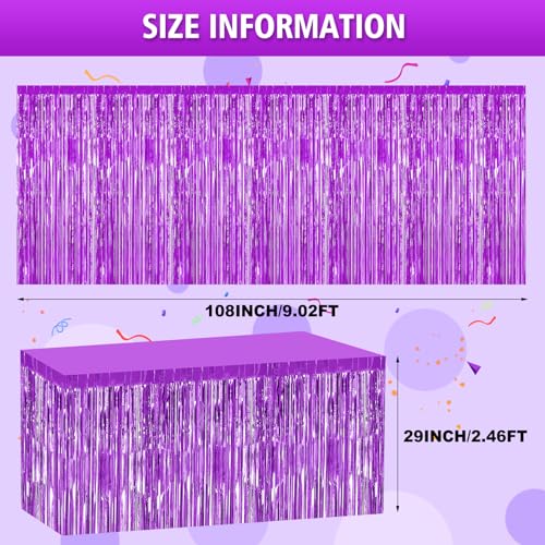 2 Pack 29.5x108 Inch Purple Foil Tinsel Fringe Table Skirts, Disposable Table Skirts for Rectangle Tables Curtains Backdrop Parade Wedding Floats Baby Shower Birthday Mardi Gras Party - color: Purple