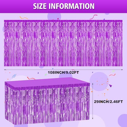 2 Pack 29.5x108 Inch Purple Foil Tinsel Fringe Table Skirts, Disposable Table Skirts for Rectangle Tables Curtains Backdrop Parade Wedding Floats Baby Shower Birthday Mardi Gras Party - color: Purple