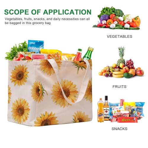 Aesthetic Canvas Reusable Grocery Bags Heavy Duty, 8.3 gal Foldable Large Tote Bag with Handles, Holds 60 lbs & Washable Eco-friendly Bags with 5 Pockets, Beige with a print 1 Bags - color: [A4] Sunflower, size: 1 Pack