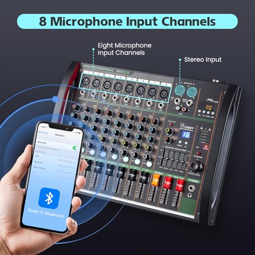 Audio Mixer 8 Channel, Professional Music Sound Mixer Board with 48V Phantom Power, Digital DJ Mixing Console with Reverb USB Port Bluetooth for Recording Karaoke Podcasting