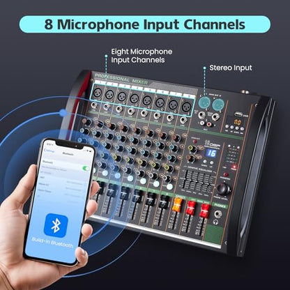 Audio Mixer 8 Channel, Professional Music Sound Mixer Board with 48V Phantom Power, Digital DJ Mixing Console with Reverb USB Port Bluetooth for Recording Karaoke Podcasting