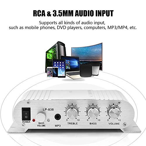Mini HiFi 2.1 Stereo Bass Audio Power Amplifier, Professional Digital Amp for Car or Home, Silver - color: silver