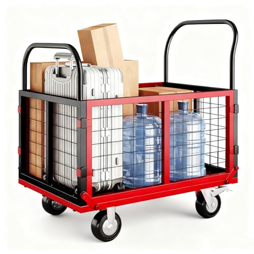 GarveeTech Platform Truck with Cage, 6-in-1 Multi-Purpose Flatbed Cart - color: Black+red