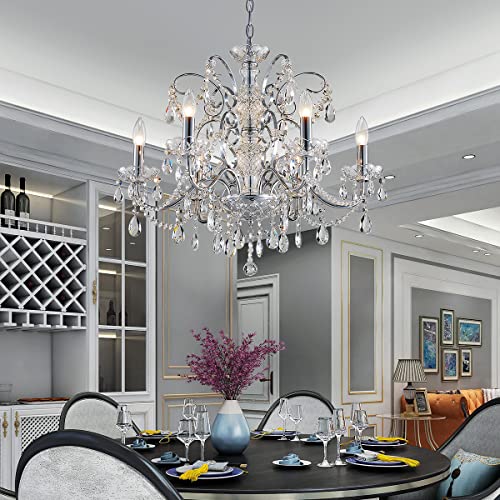 Saint Mossi 6-Lights Crystal Chandelier Crystals Raindrop Chandelier,Modern Crystal Pendant Light Fixture Modern Chandelier for Bedroom,Living Room,Dining Room,H22 X D24,Chain Adjustable - color: Clear-Chrome