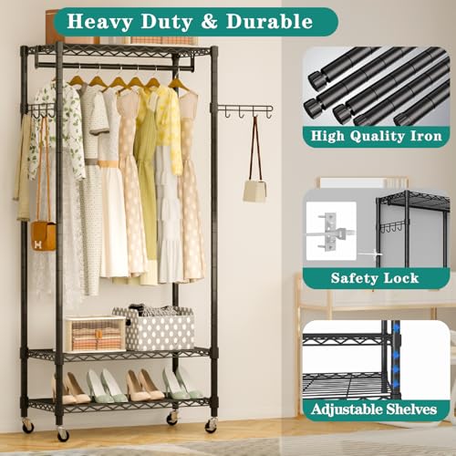 Heavy Duty Rolling Garment Rack, 3 Tiers Wire Shelves Adjustable Freestanding Portable Rolling Clothing Rack with Lockable Wheels, 35.4''L x 15.8''W x 78.8''H, Max Load 420LBS | Wire Adjustable Garment Rack for Hanging Clothes with 2 Hanger Rods, 35.4''L