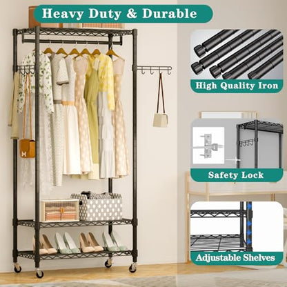 Heavy Duty Rolling Garment Rack, 3 Tiers Wire Shelves Adjustable Freestanding Portable Rolling Clothing Rack with Lockable Wheels, 35.4''L x 15.8''W x 78.8''H, Max Load 420LBS | Wire Adjustable Garment Rack for Hanging Clothes with 2 Hanger Rods, 35.4''L