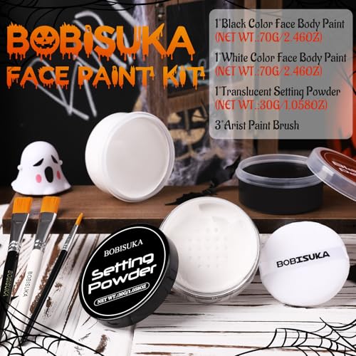 BOBISUKA Black & White Face Body Paint + Setting Powder + 3PCS Artist Brushes Face Painting Kit for Adult Large Capacity Professional Oil Based Cream Paints Palette For Halloween Clown Skeleton Vampir - color: SET 02