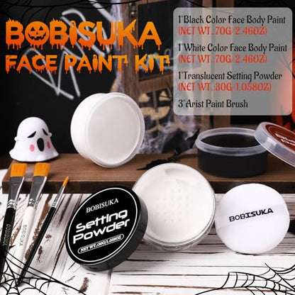 BOBISUKA Black & White Face Body Paint + Setting Powder + 3PCS Artist Brushes Face Painting Kit for Adult Large Capacity Professional Oil Based Cream Paints Palette For Halloween Clown Skeleton Vampir - color: SET 02
