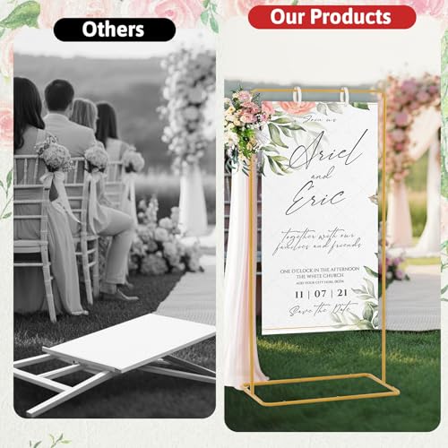 Meiqi Gold Adjustable Wedding Welcome Sign Stand with 4 Leather Hanging Straps, Ground Stakes & Weight Bag - Large Easel for Wedding Signs, Posters, Banners - Perfect for Outdoor Events, Baby Showers - color: Gold