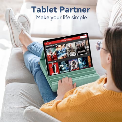 KDD Tablet Pillow Holder, Foldable iPad Stand for Lap, Bed and Desk -Tablet Soft Pad Dock with Pocket & Stylus Mount Compatible with iPad Pro 12.9, 10.5, 9.7 Air Mini 6 5 4 3, E-Reader - color: Green