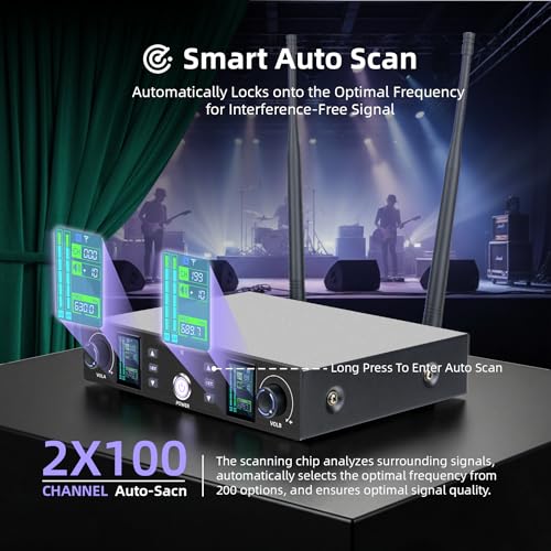 Dual UHF Metal Handheld Wireless Mic System 500ft - Church, Karaoke | Auto-Scan Anti-Interference, Hi-Fi Sound, AA Battery. 2 Dynamic Mics +1 Receiver. Party, DJ, Speech, Events, Plug & Play.