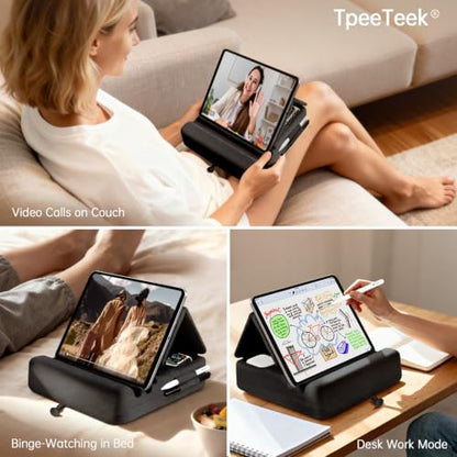 Tablet Pillow Stand with Storage, Foldable iPad Holder for Lep, Bed, Sofa, and Desk - Soft Pad Dock with Pocket and Stylus Mount Compatible with 4-13" iPad Pro/Air/Mini, Galaxy Tab, Kindle - color: Black