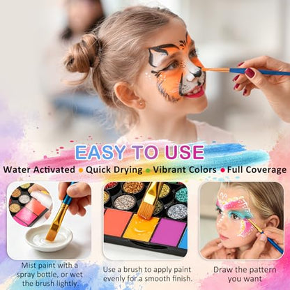 42 Colors Face Painting Kit for Kids -Water Activated Face paint palette | Face Painting Kit with 18 Matte, 16 Glitter and 8 UV-reactive Colors, Brushes, Stencils and Gems for Halloween and Cosplay