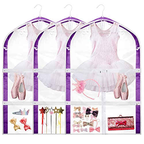 3 Pack Clear Kids Dance Costume Garment Bag Garment Bags for Hanging Clothes, PVC Dance Costume Bags with Rack Organizer with Zipper Pockets for Travel Storage Kids Girls