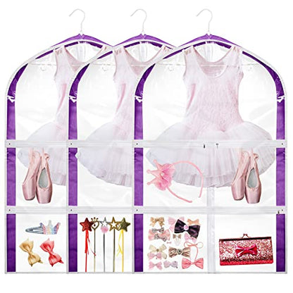 3 Pack Clear Kids Dance Costume Garment Bag Garment Bags for Hanging Clothes, PVC Dance Costume Bags with Rack Organizer with Zipper Pockets for Travel Storage Kids Girls