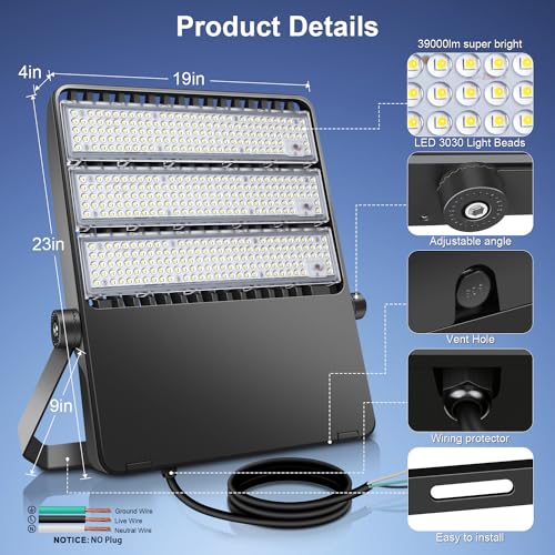 Outdoor LED Stadium Flood Lights 2400W Equivalent Super Bright | 52200LM Wall Mount 360W Parking lot Commercial Lighting for Basketball Court, Arena, Barn 5500K 85-277V Waterproof Yard Lamp - size: Large/360-1