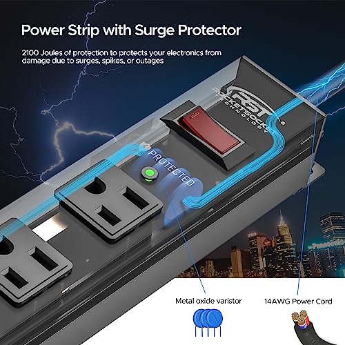 CRST 12-Outlet Long Power Strip with 2100J Heavy Duty Surge Protector, 15FT | Mountable Power Strip, Wide Spaced Outlets for Industrial Garage Commercial(15A/1875W) - size: 15 FT
