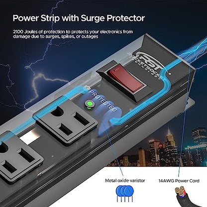 CRST 12-Outlet Long Power Strip with 2100J Heavy Duty Surge Protector, 15FT | Mountable Power Strip, Wide Spaced Outlets for Industrial Garage Commercial(15A/1875W) - size: 15 FT