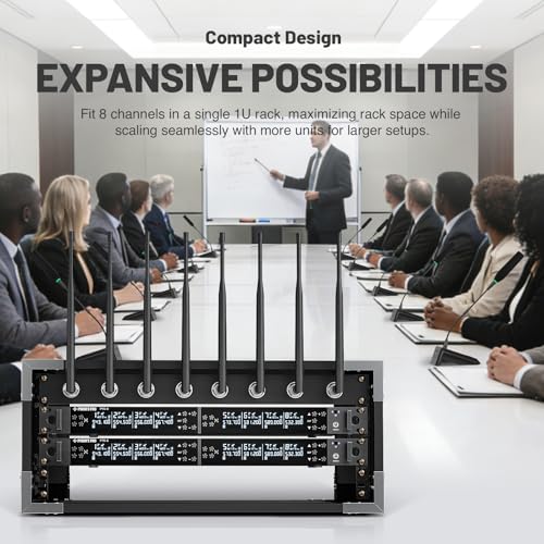 Phenyx Pro 8-Ch UHF Auto Scan Wireless Conference Microphone System PTC-8 | 8 x 25 Frequencies, 328 ft, IR Sync, Mute, 8 Gooseneck Mics for Lecture, Church, Podium, Public Speaking, Meeting, Classroom