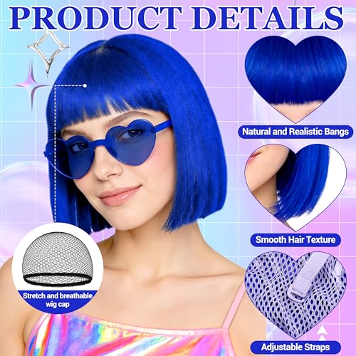 Short Bob Straight Hair Wigs with Bangs, Heat Resistant Fiber Hair, Heart-shaped Glasses for Women (Blue) - color: Blue