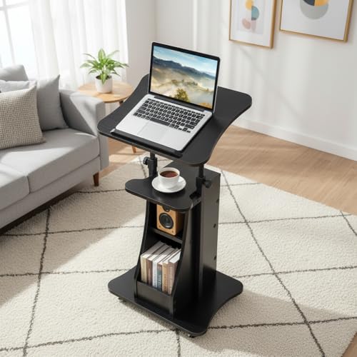 Tangkula Mobile Lectern Podium, Height Adjustable Podium Stand, Standing Sit-to-Stand Desk, Rolling Cart Laptop Desk with Swivel Top Movable Wheels & Storage - color: Black, size: 20" x 16" x 44"