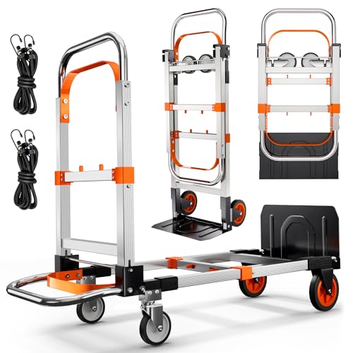 3 in 1 Folding Hand Truck Dolly Cart with Wheels Foldable Heavy Duty Moving Cart Aluminum Collapsible Hand Cart 600LBS Convertible Dolly for Moving Furniture Shopping Home Office Warehouse