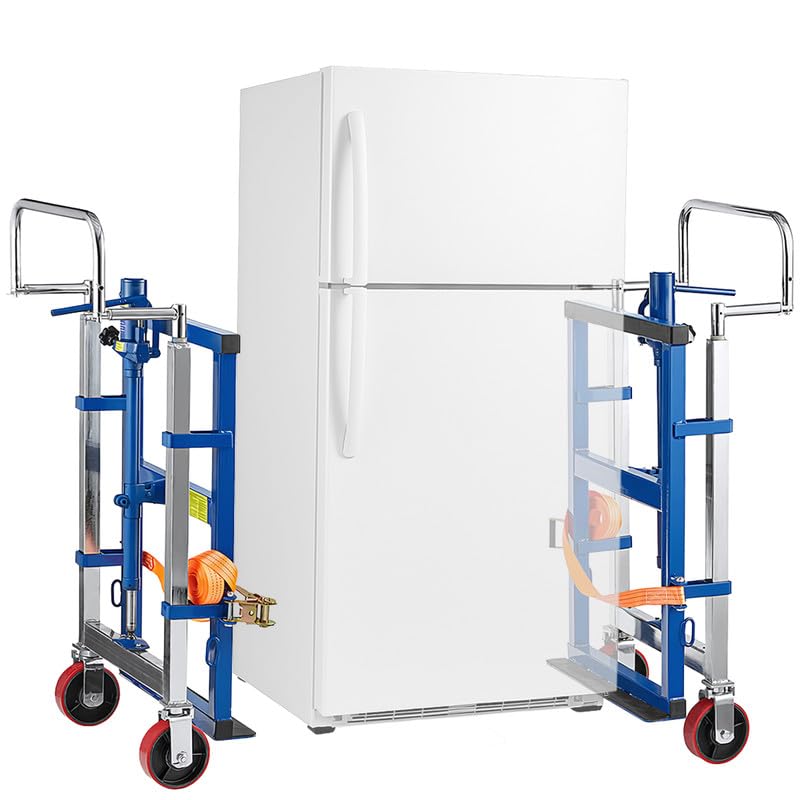 Heavy-Duty Commercial Hand Truck 3,950 lb Hydraulic Furniture & Equipment Mover - 2-Piece Blue Steel Dolly Set with Straps, Lift Plate, 6" Swivel Polyurethane Wheels, for Warehouse, Vending Machines