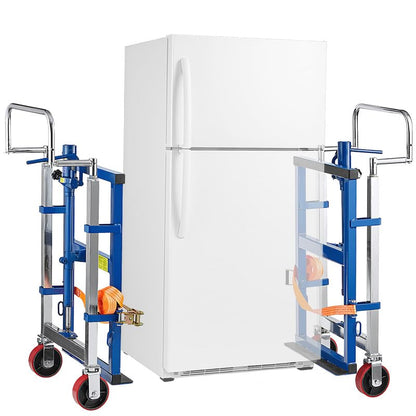 Heavy-Duty Commercial Hand Truck 3,950 lb Hydraulic Furniture & Equipment Mover - 2-Piece Blue Steel Dolly Set with Straps, Lift Plate, 6" Swivel Polyurethane Wheels, for Warehouse, Vending Machines