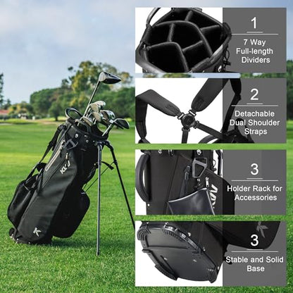 KVV Lightweight Golf Stand Bag with 7 Way Full-Length Dividers, 5 Zippered Pockets, Automatically Adjustable Dual Straps，Elegant Design - color: Black